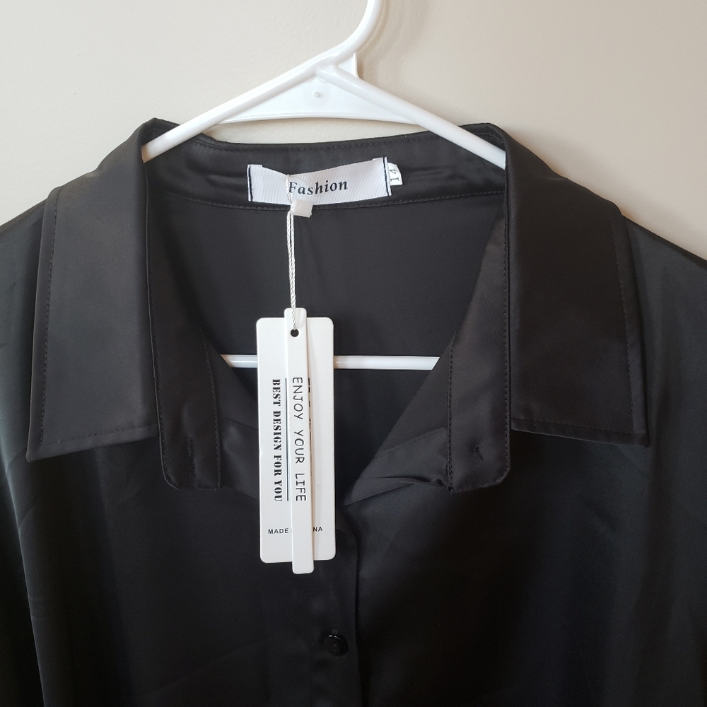 BLACK SATEEN BUTTON FRONT SHIRT Sz 14 NWT - Picture 3 of 4